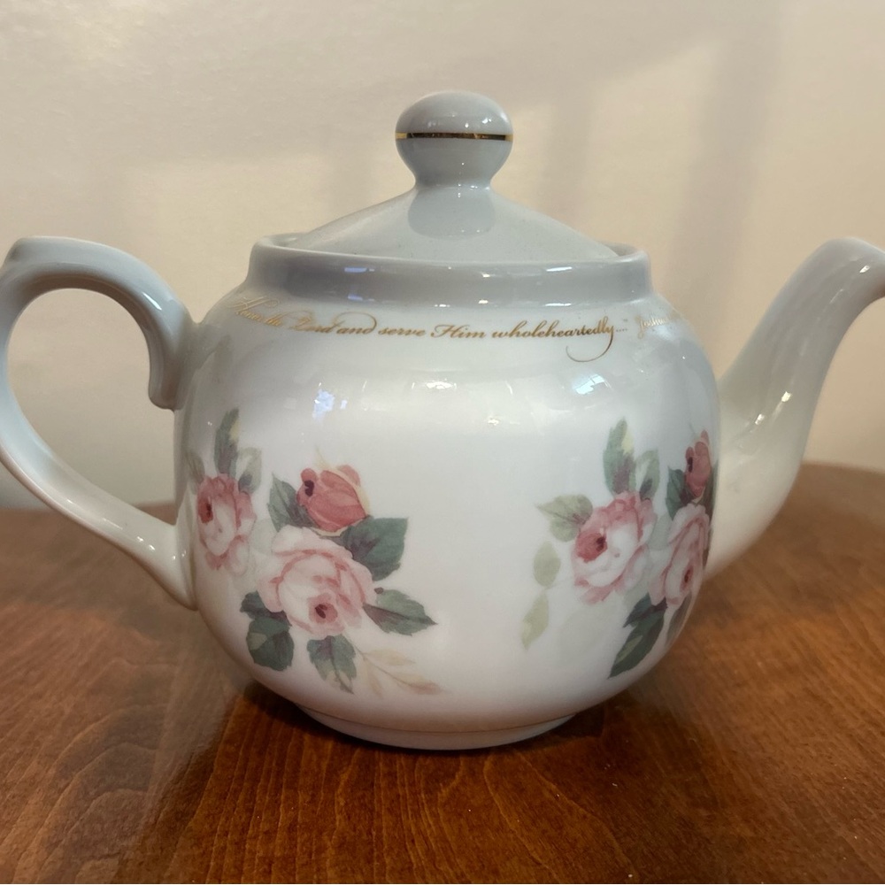 DaySpring Pink Rose Floral Teapot- Joshua 24:14 Rim